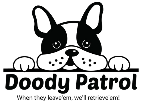 Black and white illustration of a dog's face with 'Doody Patrol' text on a white background