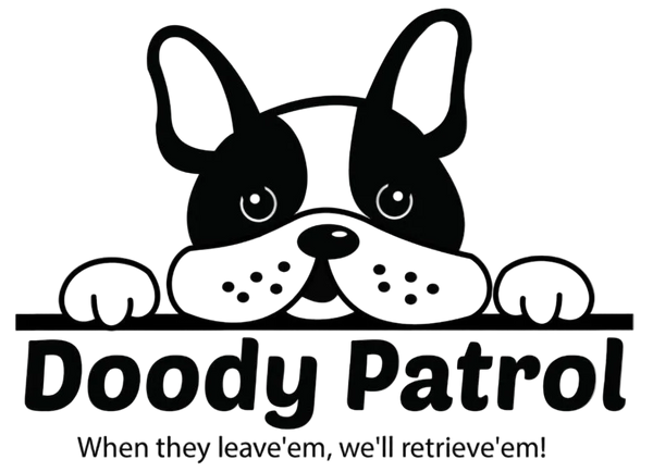 Black and white illustration of a dog's face with 'Doody Patrol' text on a white background
